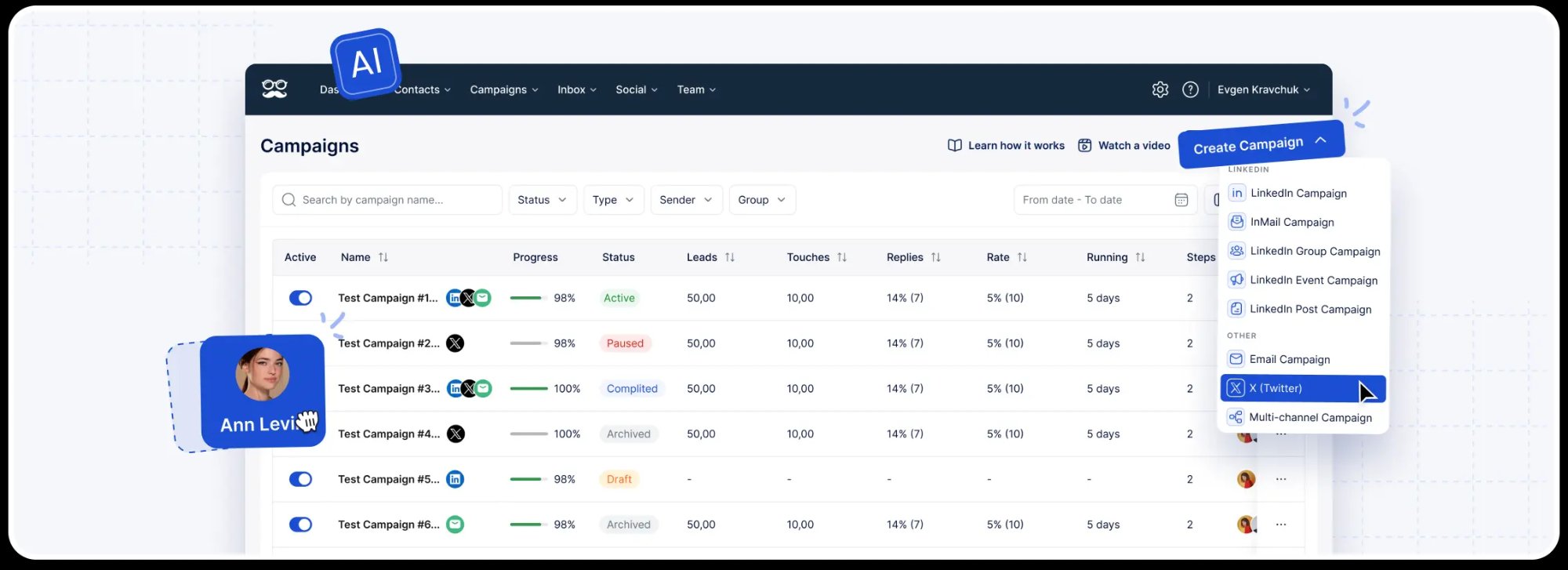 Campaign management showing active outreach